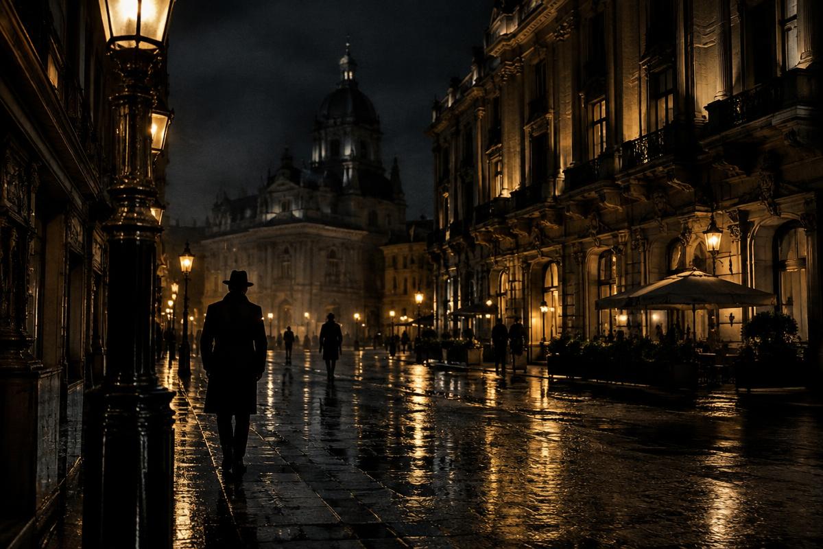 Rua europeia sob chuva e luzes douradas